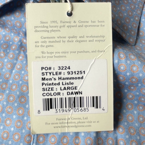 NWT Fairway & Greene Hammond Golf Polo Shirt Printed Lisle Dawn Blue Large Men - Picture 4 of 9